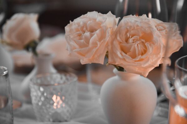 Eine weiße Vase mit einer Rose der Dekoration.